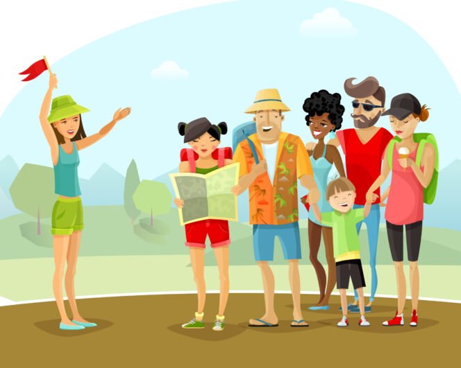 
 Group of cheerful male and female tourists with backpacks and map during tour vacation with young woman guide on mountains and trees background cartoon vector illustration.